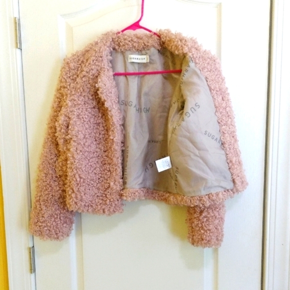 SugarHigh Pink Fuzzy, Curly Women's Long Sleeved Jacket- XS - Picture 3 of 4